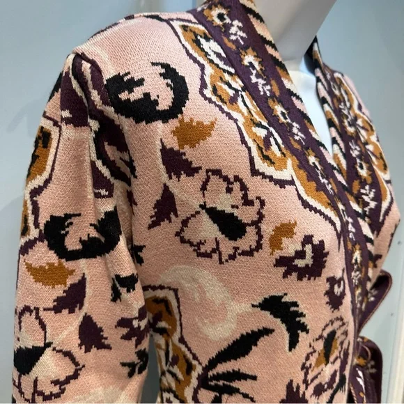 FARM RIO Glam Tapestry Knit Wrap Floral Sweater Mini Dress Cardigan Small New - Picture 11 of 16